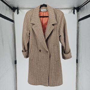 Vintage Womens Brittanny Originals Wool Tweed Midi Trench Coat Brown Herringbone